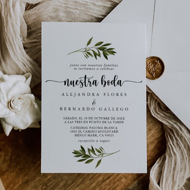 Nuestra Boda Botanical Green Blätter Einladung (Von Creator hochgeladen)