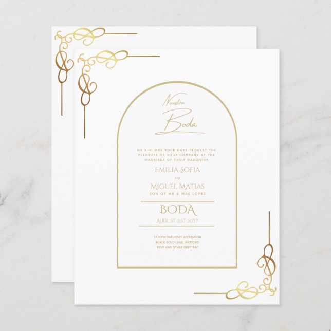 Nuestra Boda Budget Gold Akzent Bilingual Einladun (Vorne/Hinten)