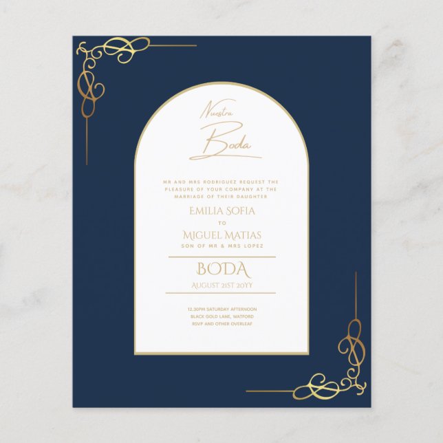 Nuestra Boda Budget Gold Akzent Bilingual Einladun Flyer (Vorne)