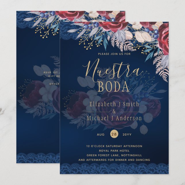Nuestra Boda Burgundy Blue Floral Lace INVITE Einladung (Vorne/Hinten)