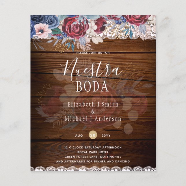 Nuestra Boda Burgundy Blue Floral Lace INVITE Flyer (Vorne)