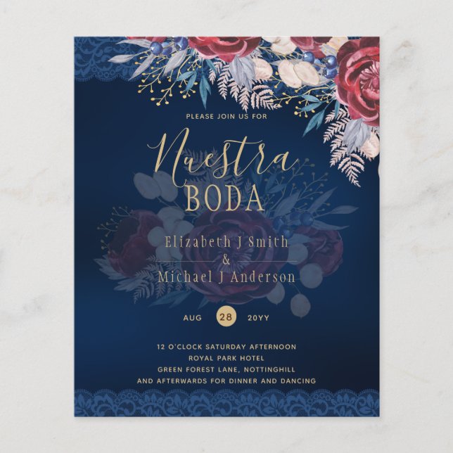 Nuestra Boda Burgundy Blue Floral Lace INVITE Flyer (Vorne)