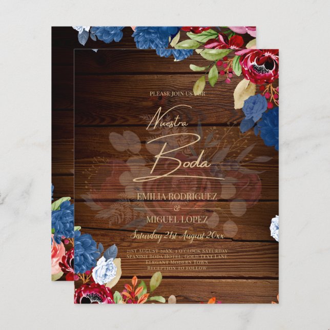 NUESTRA BODA Burgundy Blue Floral Wedding INVITE (Vorne/Hinten)