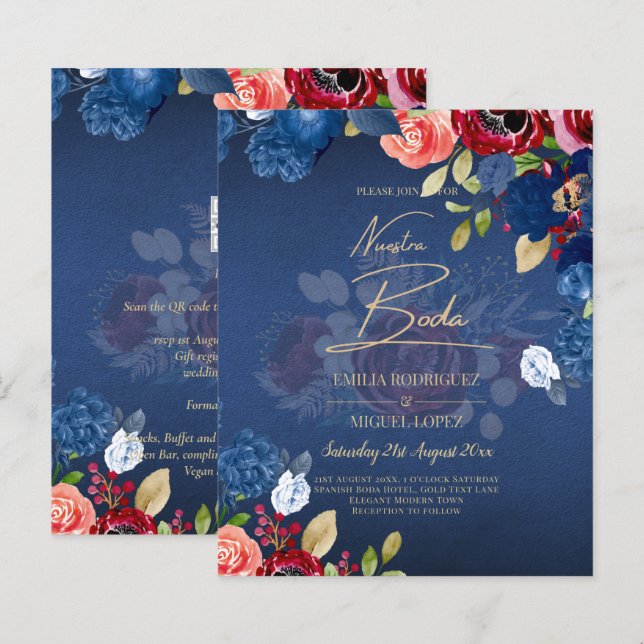 NUESTRA BODA Burgundy Blue Floral Wedding INVITE (Vorne/Hinten)