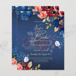 NUESTRA BODA Burgundy Blue Floral Wedding INVITE