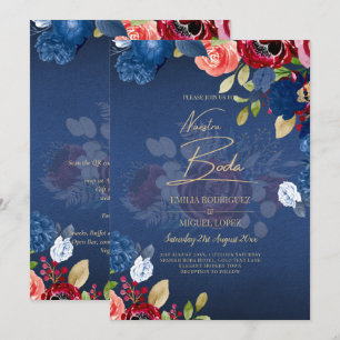 NUESTRA BODA Burgundy Blue Floral Wedding INVITE Einladung