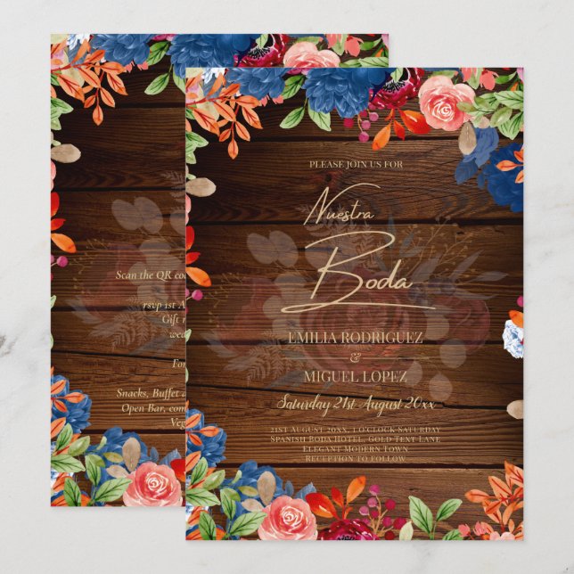 NUESTRA BODA Burgundy Blue Floral Wedding INVITE Einladung (Vorne/Hinten)
