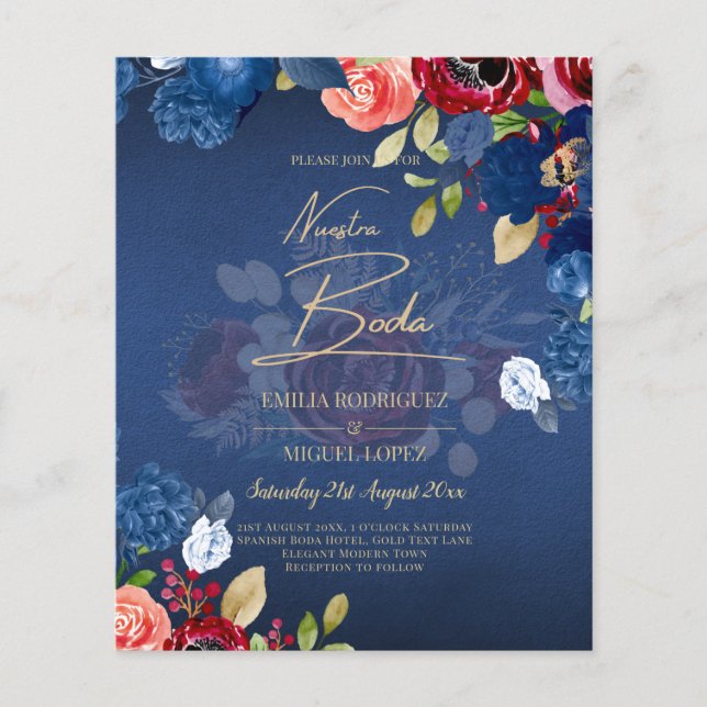 NUESTRA BODA Burgundy Blue Floral Wedding INVITE Flyer (Vorne)