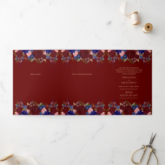Nuestra Boda Burgundy Blue Floral Wedite Dreifach Gefaltete Einladung (Außenbereich)