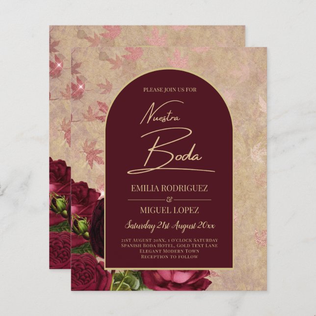 Nuestra Boda Burgundy Rote Rosen Vintag (Vorne/Hinten)