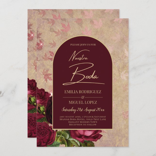 Nuestra Boda Burgundy Rote Rosen Vintag Einladung (Vorne/Hinten)
