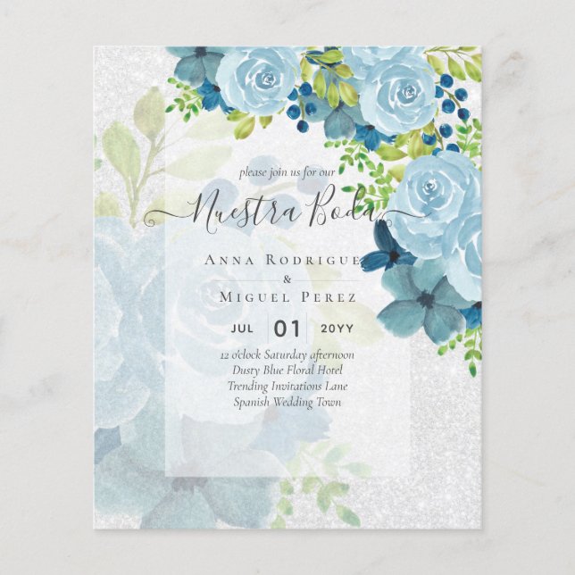 NUESTRA BODA Dusty Blue Floral BUDGET Flyer (Vorne)