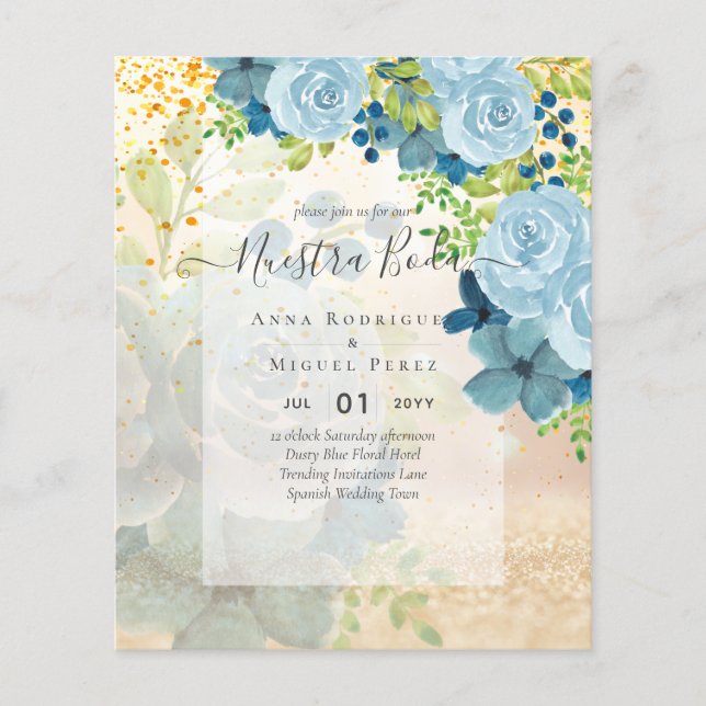 NUESTRA BODA Dusty Blue Floral BUDGET Flyer (Vorne)