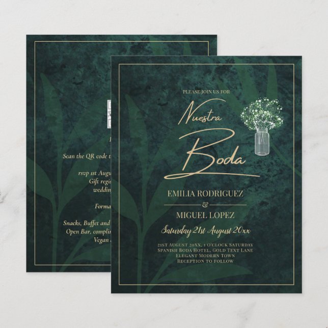 NUESTRA BODA Emerald Green Gold Gypsophila INVITE (Vorne/Hinten)