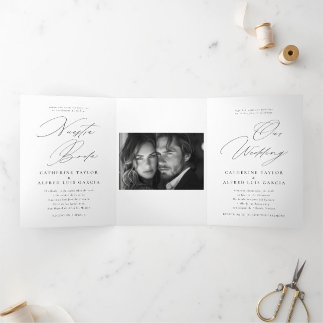 Nuestra Boda English Spanish Bilingual Wedding Dreifach Gefaltete Einladung (Innenseite)