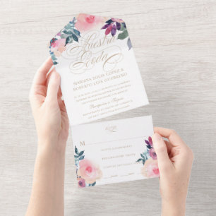 Nuestra Boda Flores Morado y Rosa Wedding All In One Einladung