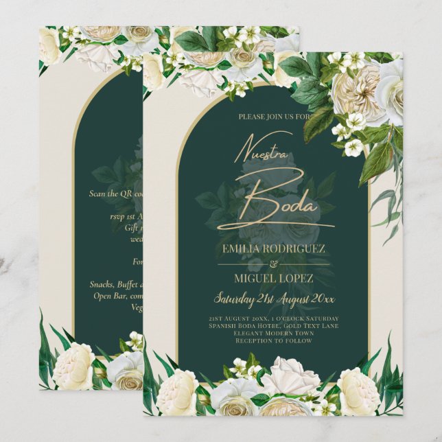 NUESTRA BODA Green Gold White Roses Winter INVITE Einladung (Vorne/Hinten)