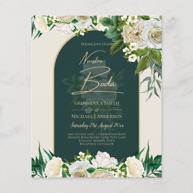 NUESTRA BODA Green Gold White Roses Winter INVITE Flyer (Vorne)
