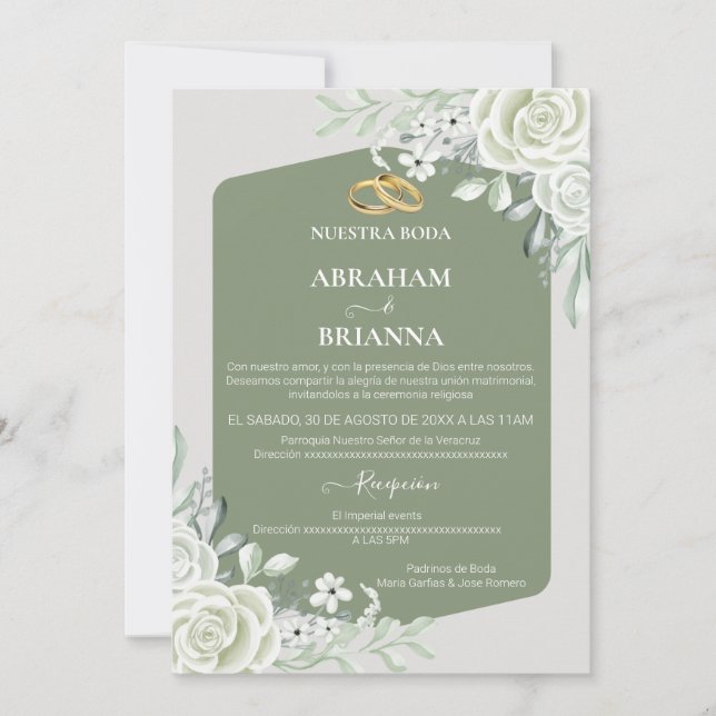 Nuestra Boda Green Sage Floral Wedding Einladung (Vorderseite)