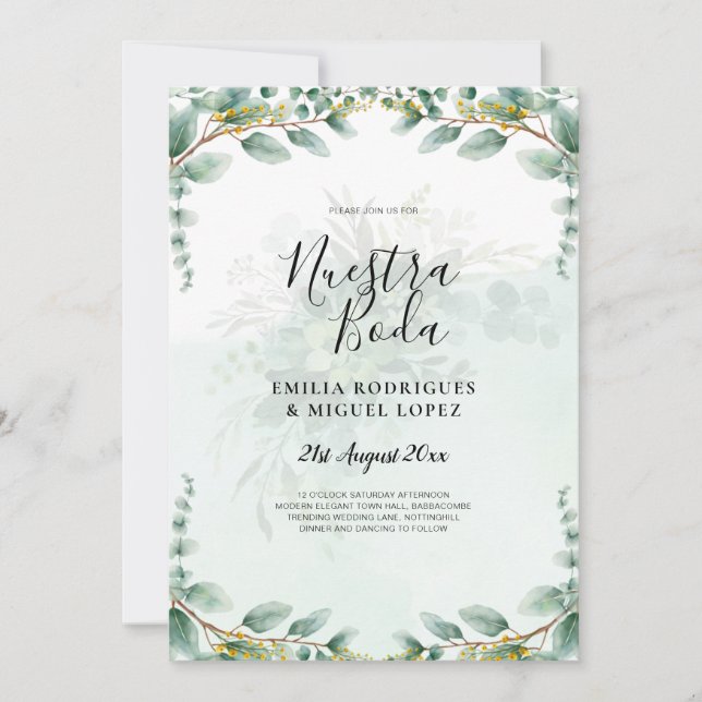 Nuestra Boda Greenery Gold Wedding Einladungen (Vorderseite)