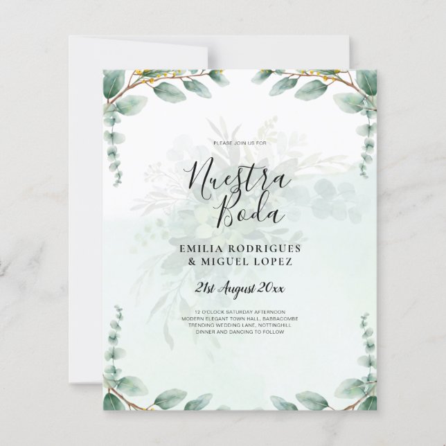 Nuestra Boda Greenery Gold Wedding Einladungen (Vorderseite)