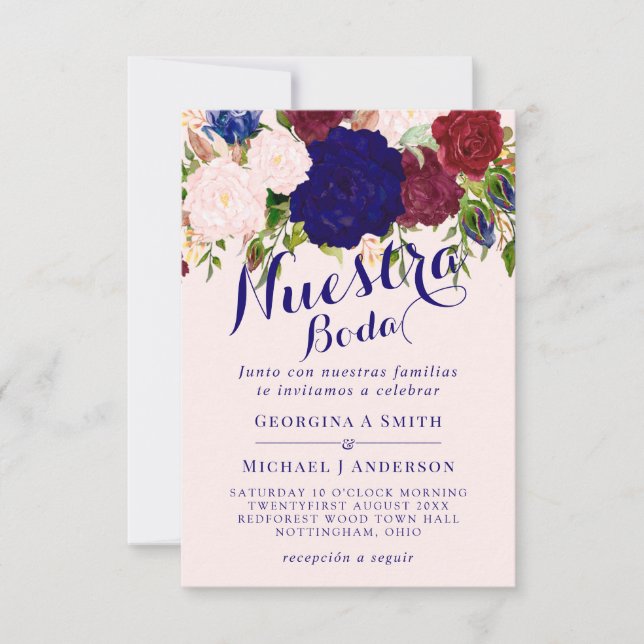 Nuestra Boda Invitacion Burgundy Blue Pink Floral Einladung (Vorderseite)