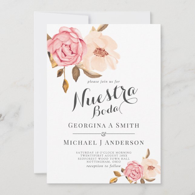 Nuestra Boda Rose Pink Watercolor Wedding Einladung (Vorderseite)