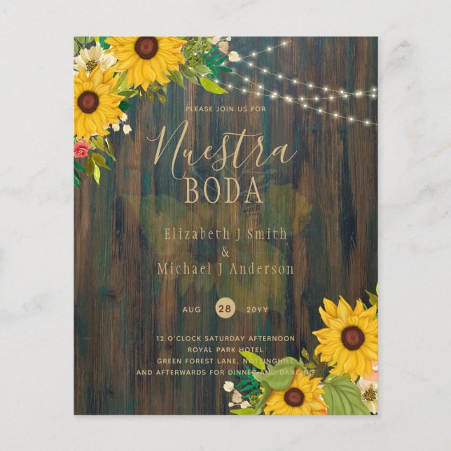 NUESTRA BODA Sonnenblumen Rustikales Holz INVITE Flyer (Vorne)
