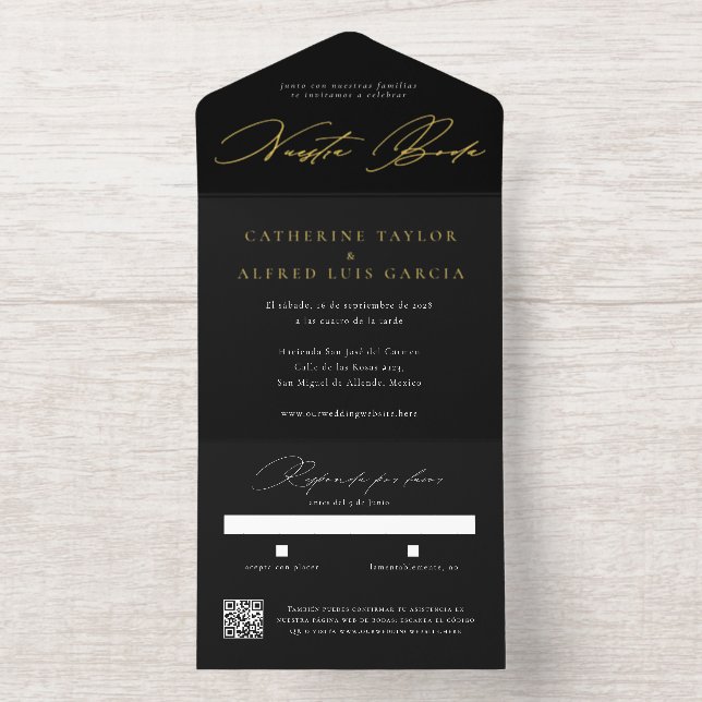 Nuestra Boda Spanish Language Black Script Wedding All-in-One-Einladung (Innenseite)