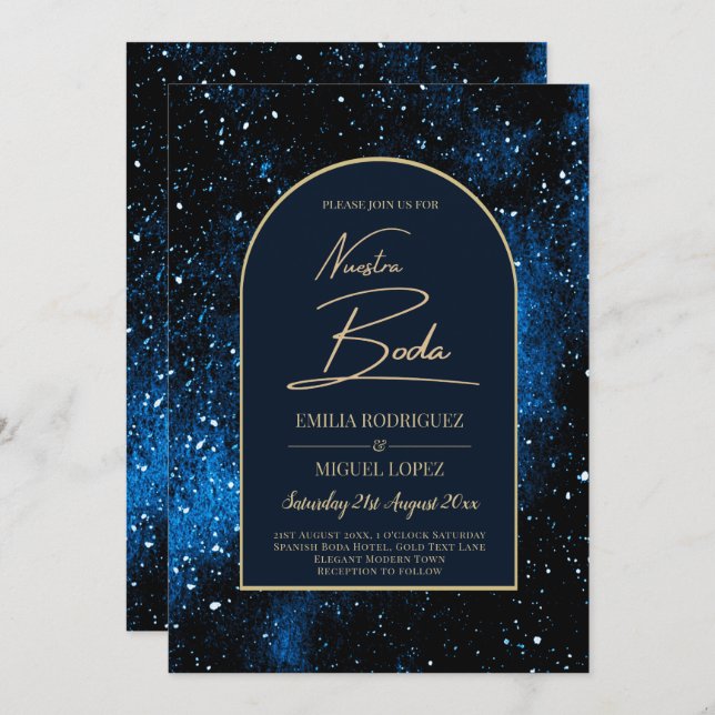 NUESTRA BODA Starry Night Navy Blue Gold INVITE Einladung (Vorne/Hinten)