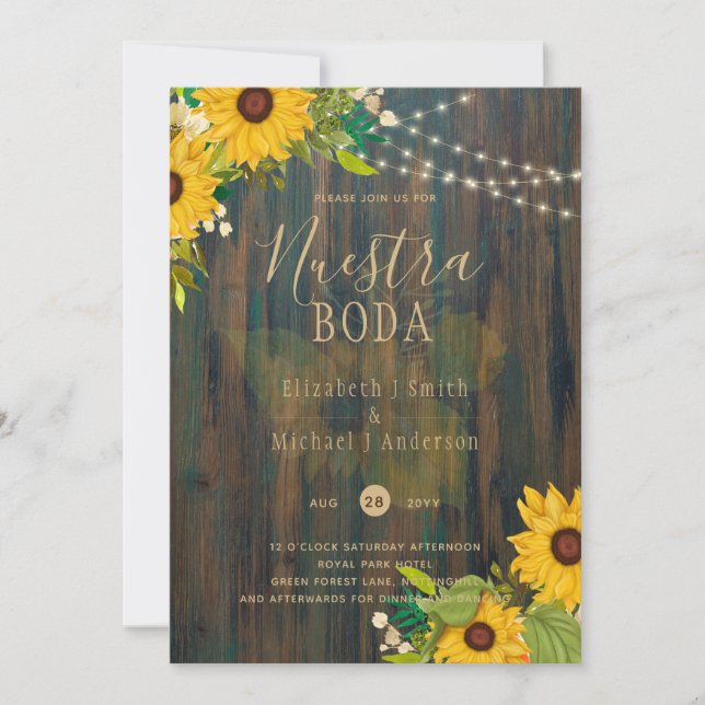 NUESTRA BODA Sunflowers Rustic Wood Wedite Einladu Einladung (Vorderseite)