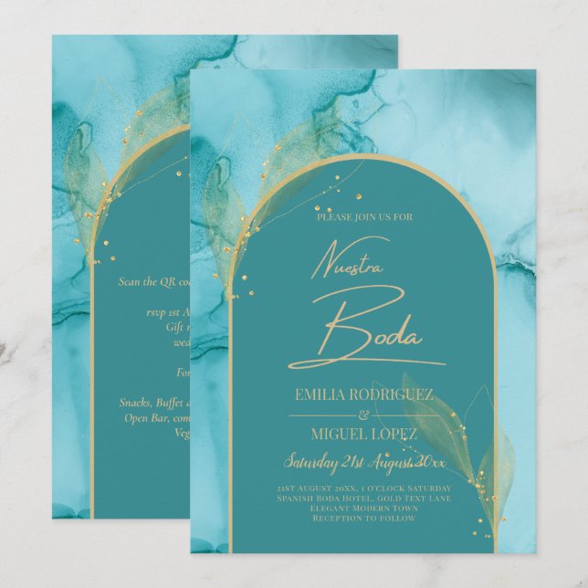 NUESTRA BODA Turquoise Aquamarin Gold Wedding INVI Einladung (Vorne/Hinten)