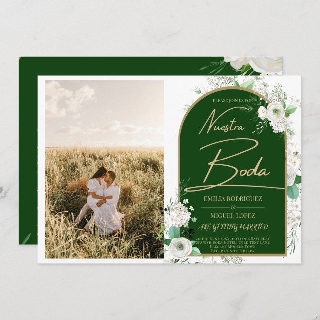 NUESTRA BODA White Roses Spanisches Foto lädt ein Einladung (Vorne/Hinten)