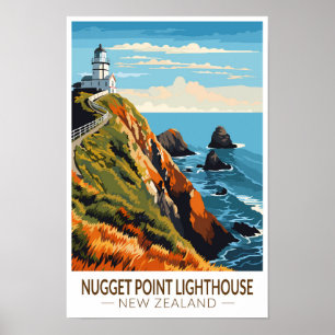 Nugget Point Lighthouse Neuseeland Reisen Vintag Poster