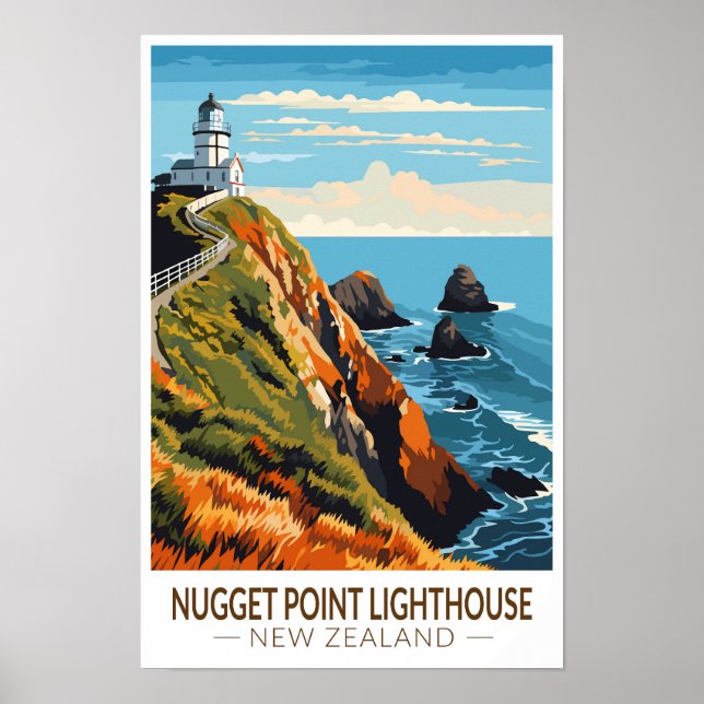 Nugget Point Lighthouse Neuseeland Reisen Vintag Poster (Vorne)