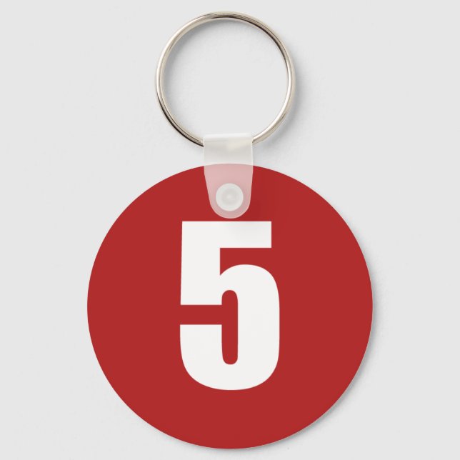 Number 5  in white on red button keychain schlüsselanhänger (Vorderseite)