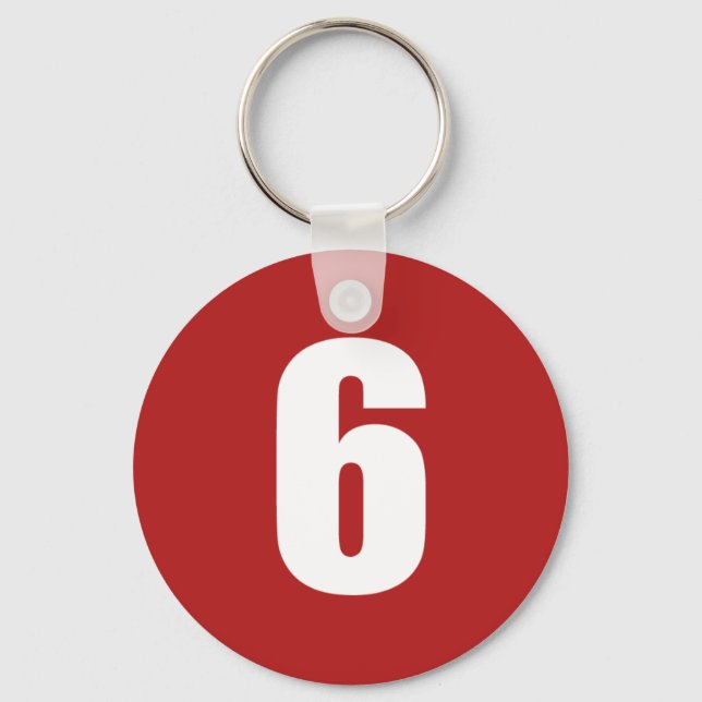 Number 6  in white on red button keychain schlüsselanhänger (Vorderseite)