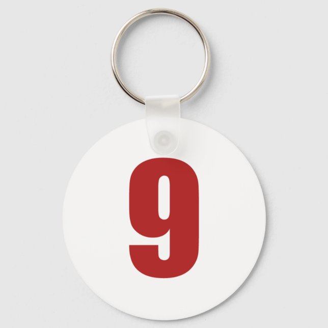 Number 9 in red on white button keychain schlüsselanhänger (Vorderseite)