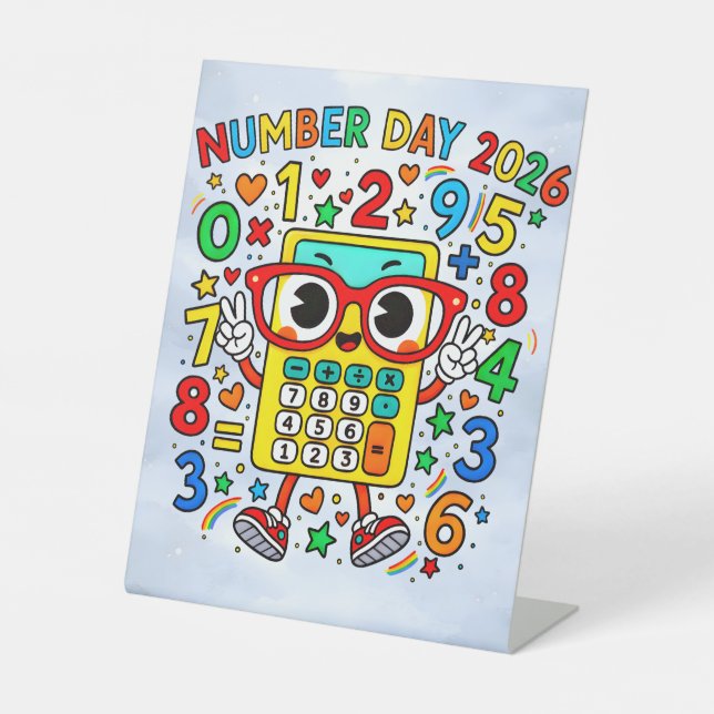 Number Day 2026 Cute Maths Calculator Desk Art Sockelschild (Vorderseite)