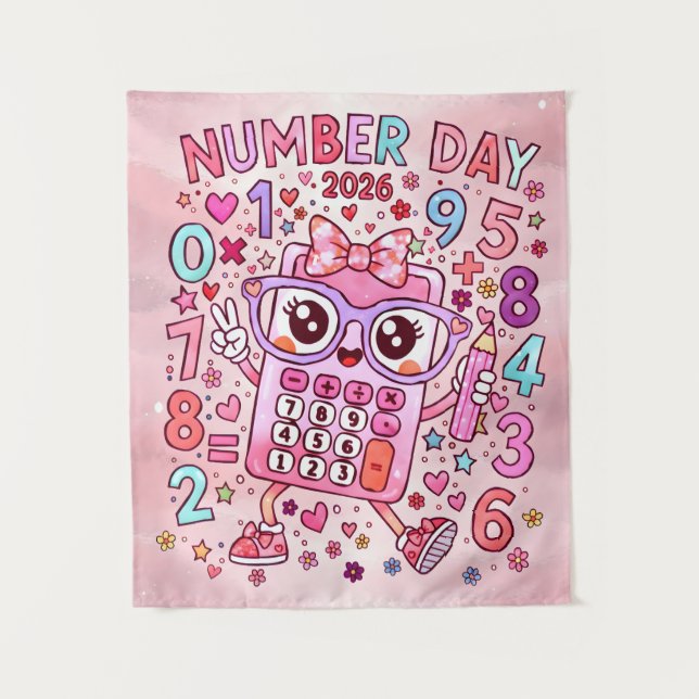 Number Day 2026 Cute Pink Maths Calculator Poster Wandteppich (Vorderseite)
