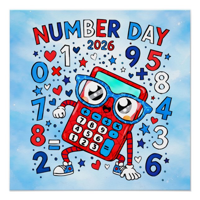 Number Day 2026 Red Calculator Math Design Poster (Vorderseite)