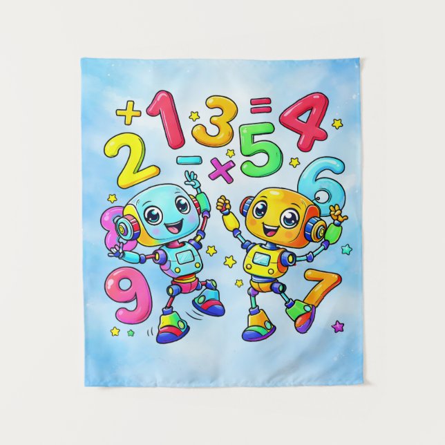 Number Day Cute Math Robots Design Wandteppich (Vorderseite)