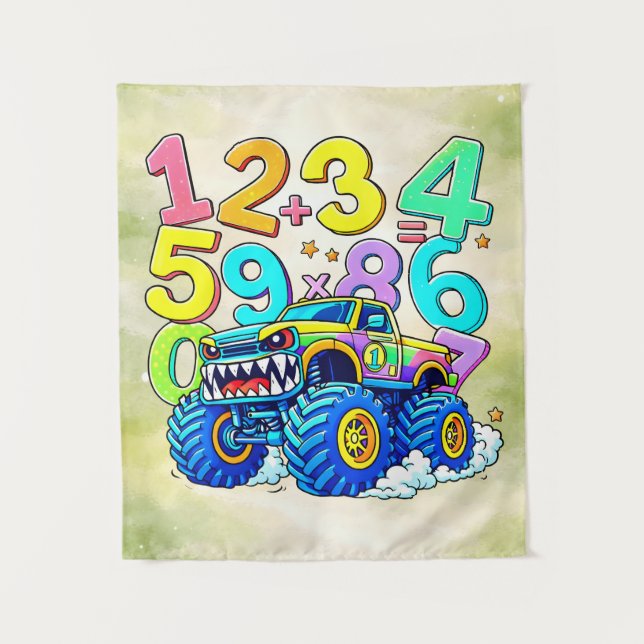 Number Day Monster Truck Math Design Wandteppich (Vorderseite)