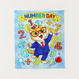 Number Day Smart Cat Math Design for Kids Wandteppich