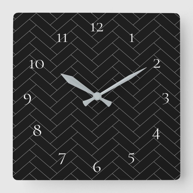 Numbers Black Gray Herringbone-Muster Quadratische Wanduhr (Vorderseite)