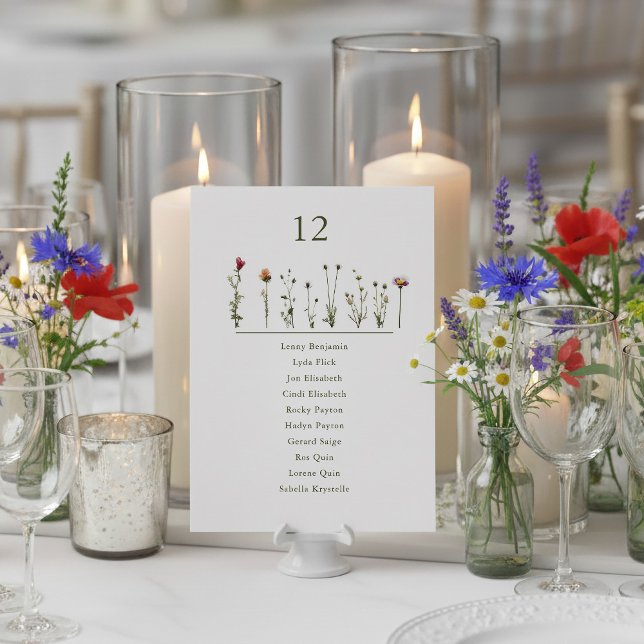 numerische Sitztabelle der illustrierten Wildblume Einladung (Wildflowers wedding table number name chart place card.)