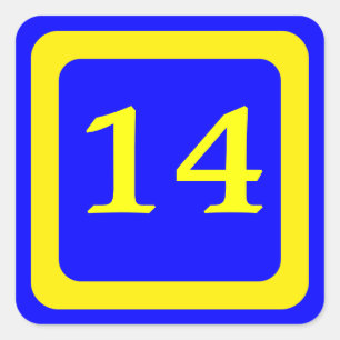 Nummer 14, blauer Hintergrund, gelber Rahmen Quadratischer Aufkleber