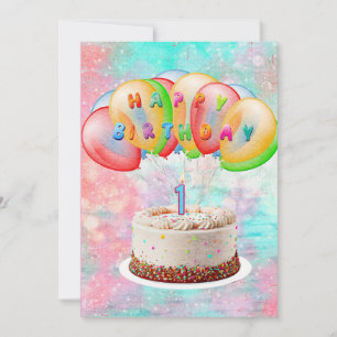 Nummer 1 Candle on Cake, Happy Birthday, Bunt Dankeskarte