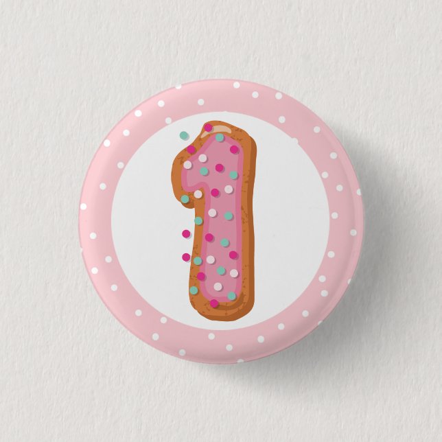 Nummer 1 Ein rosa Ice Donuts Baby erster Geburtsta Button (Vorderseite)