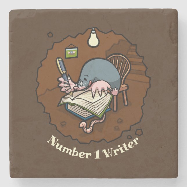 Nummer 1 Writer Niedlich Cartoon Mole Writing in B Steinuntersetzer (Vorderseite)
